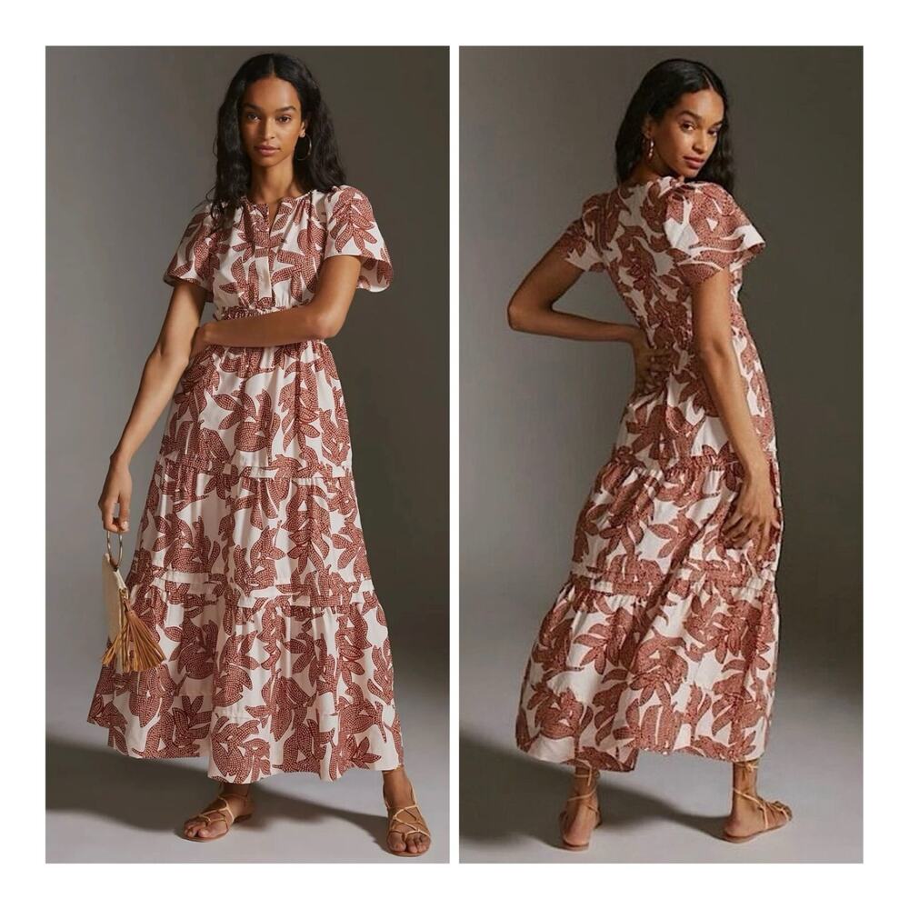 Anthropologie The Somerset Tiered Maxi Dress V-Neck Neutral Dotted Floral - Med - Picture 11 of 11